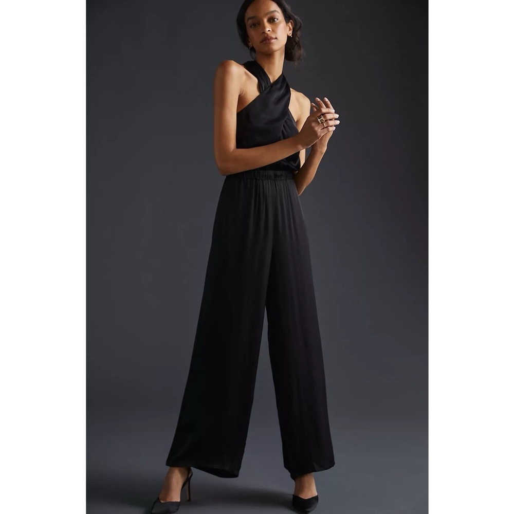 Anthropologie Dolan Satin Halter Wide Leg Jumpsuit in Black
